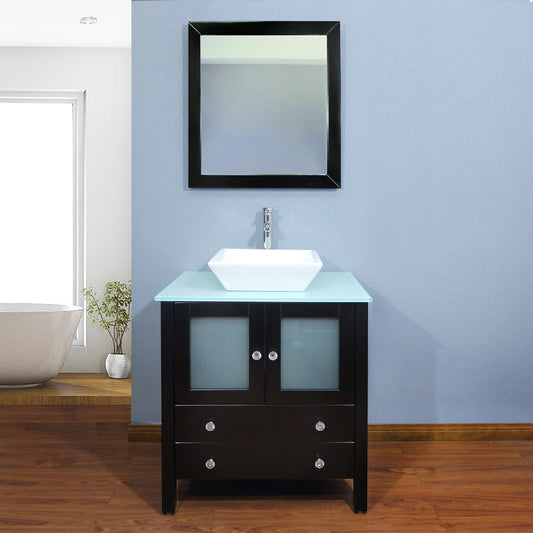 30" Freestanding Wooden Modern Bathroom Vanity Vessel Sink Set Bathroom Mirror Included (Black)