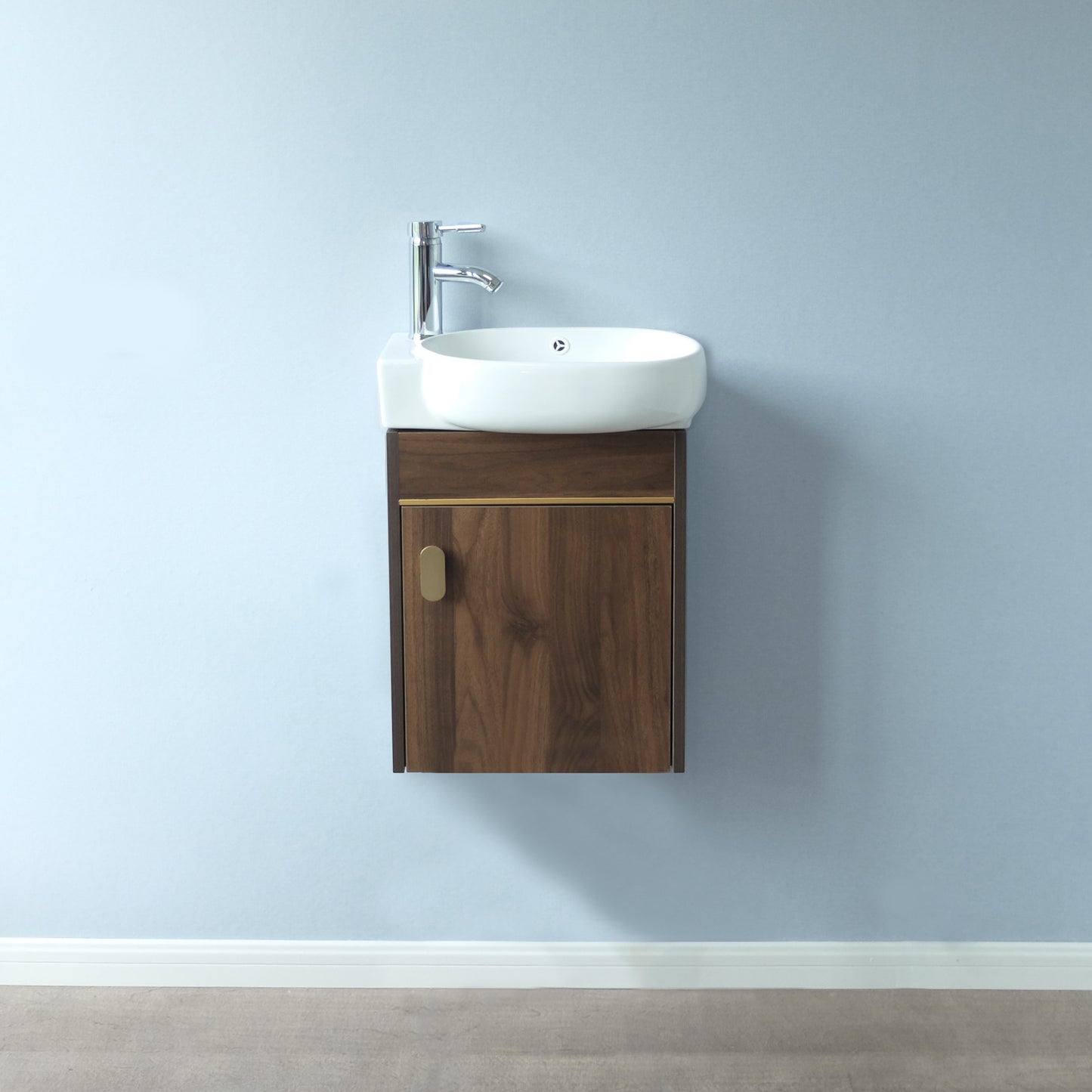 17'' Single Small Wall Mounted Bathroom Vanity with Ceramic Top (Wood-grain)