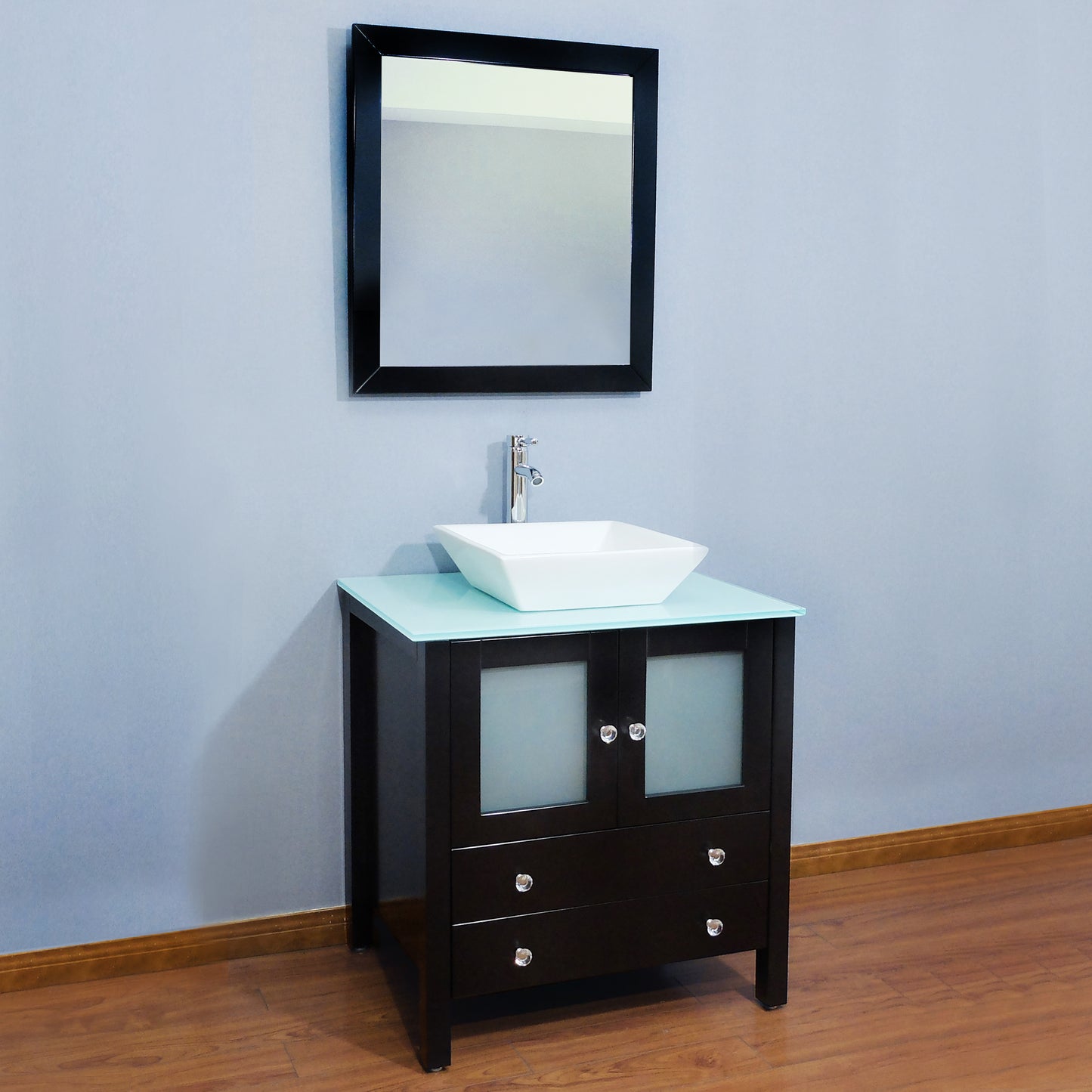 30" Freestanding Wooden Modern Bathroom Vanity Vessel Sink Set Bathroom Mirror Included (Black)