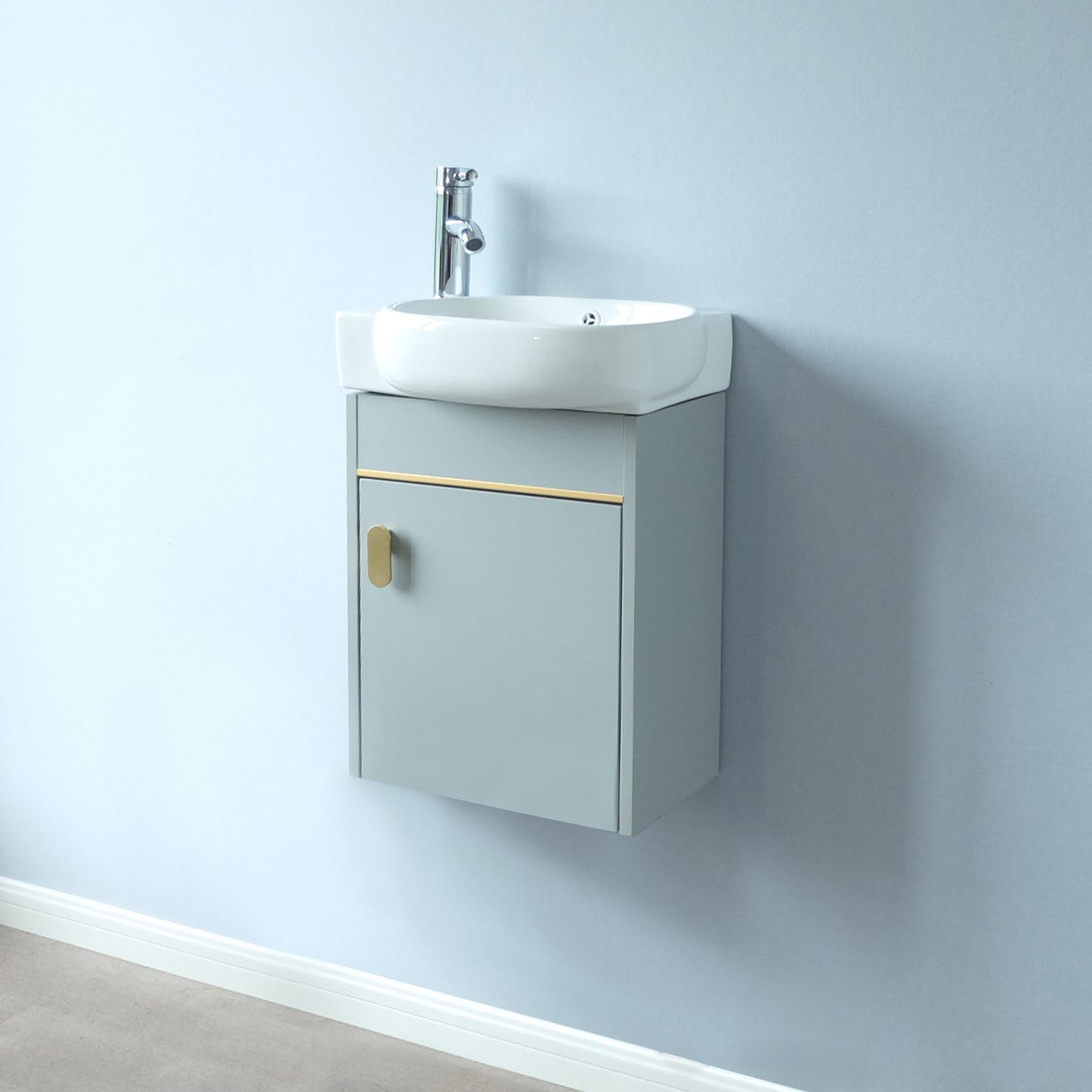 17'' Single Small Wall Mounted Bathroom Vanity with Ceramic Top (Blue)