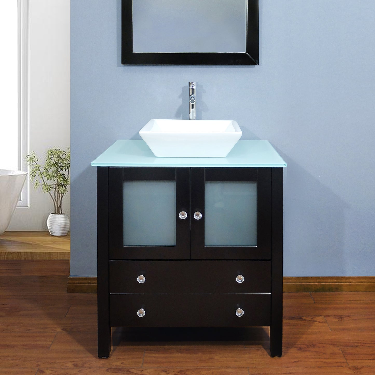 30" Freestanding Wooden Modern Bathroom Vanity Vessel Sink Set Bathroom Mirror Included (Black)