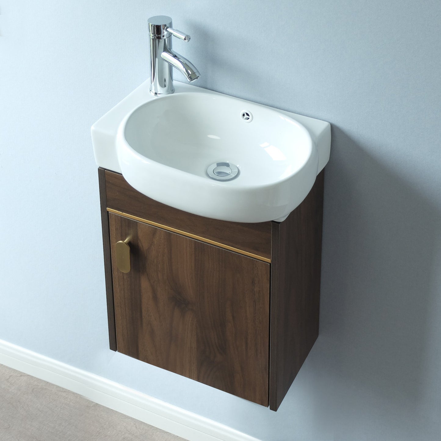 17'' Single Small Wall Mounted Bathroom Vanity with Ceramic Top (Wood-grain)