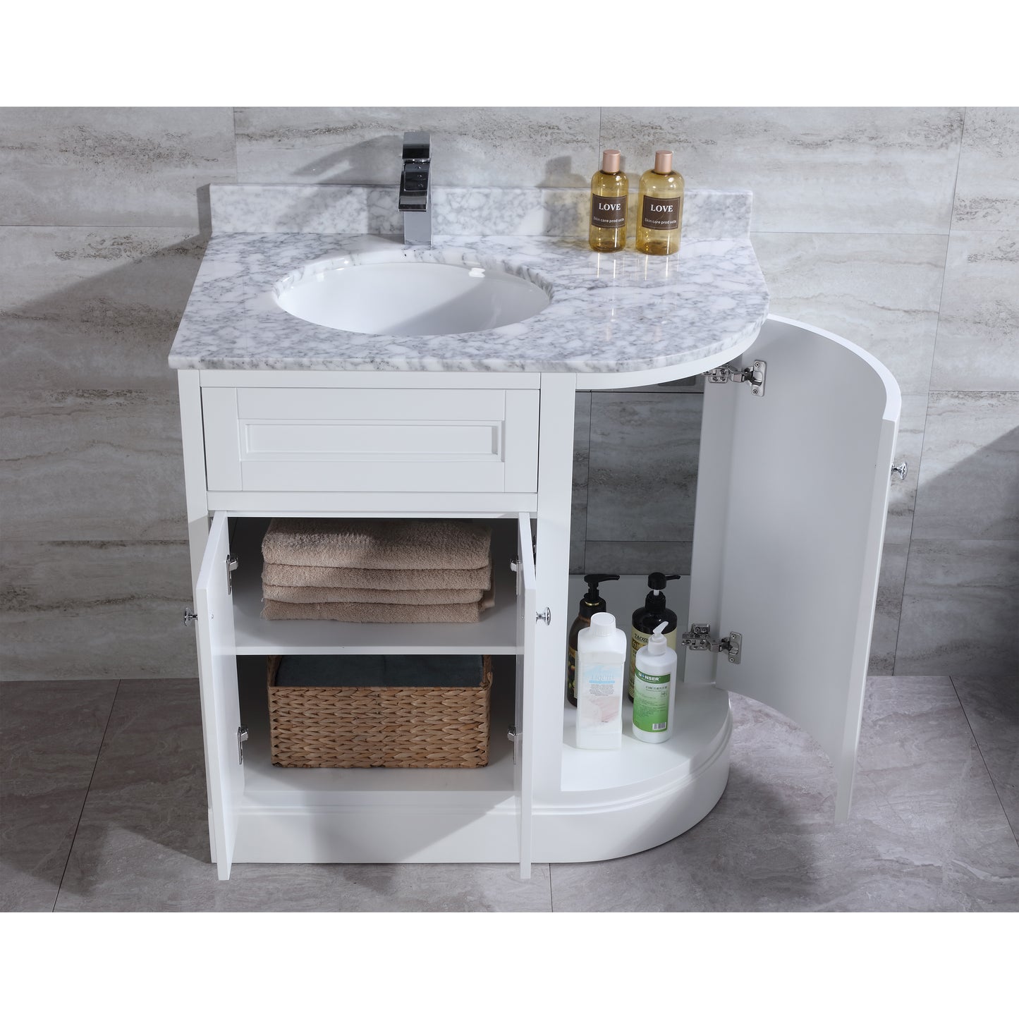 36" Freestanding Wooden Bathroom Vanity Modern Bathroom Cabinet with Marble Countertop (Left Basin, White)