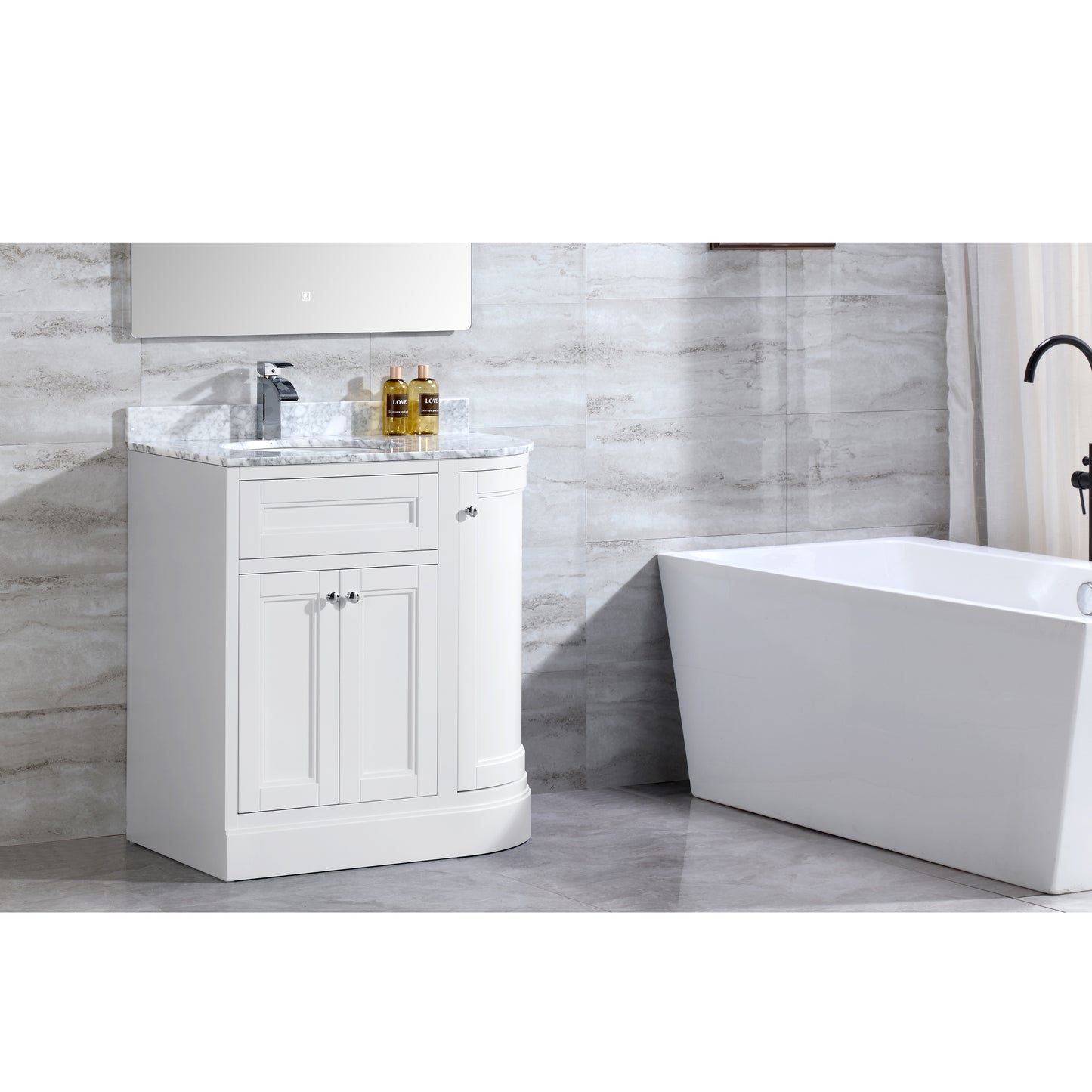 36" Freestanding Wooden Bathroom Vanity Modern Bathroom Cabinet with Marble Countertop (Left Basin, White)