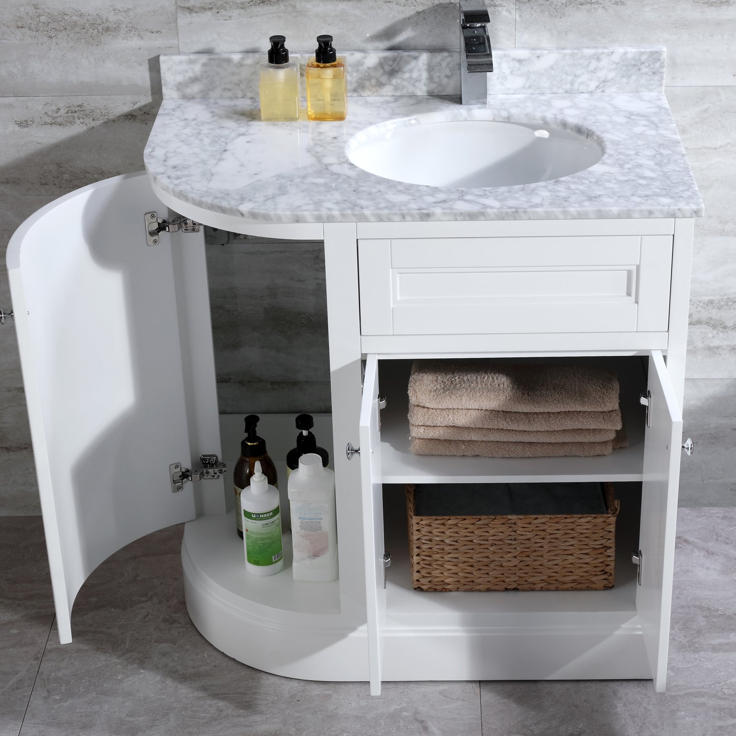 36" Freestanding Wooden Bathroom Vanity Modern Bathroom Cabinet with Marble Countertop (Right Basin, White)