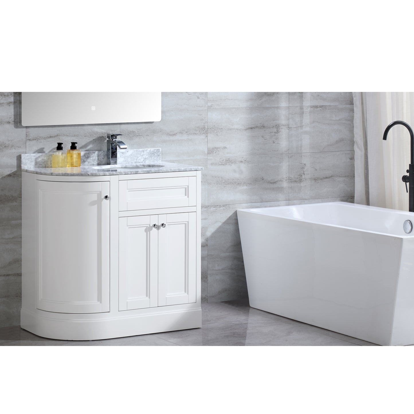 36" Freestanding Wooden Bathroom Vanity Modern Bathroom Cabinet with Marble Countertop (Right Basin, White)