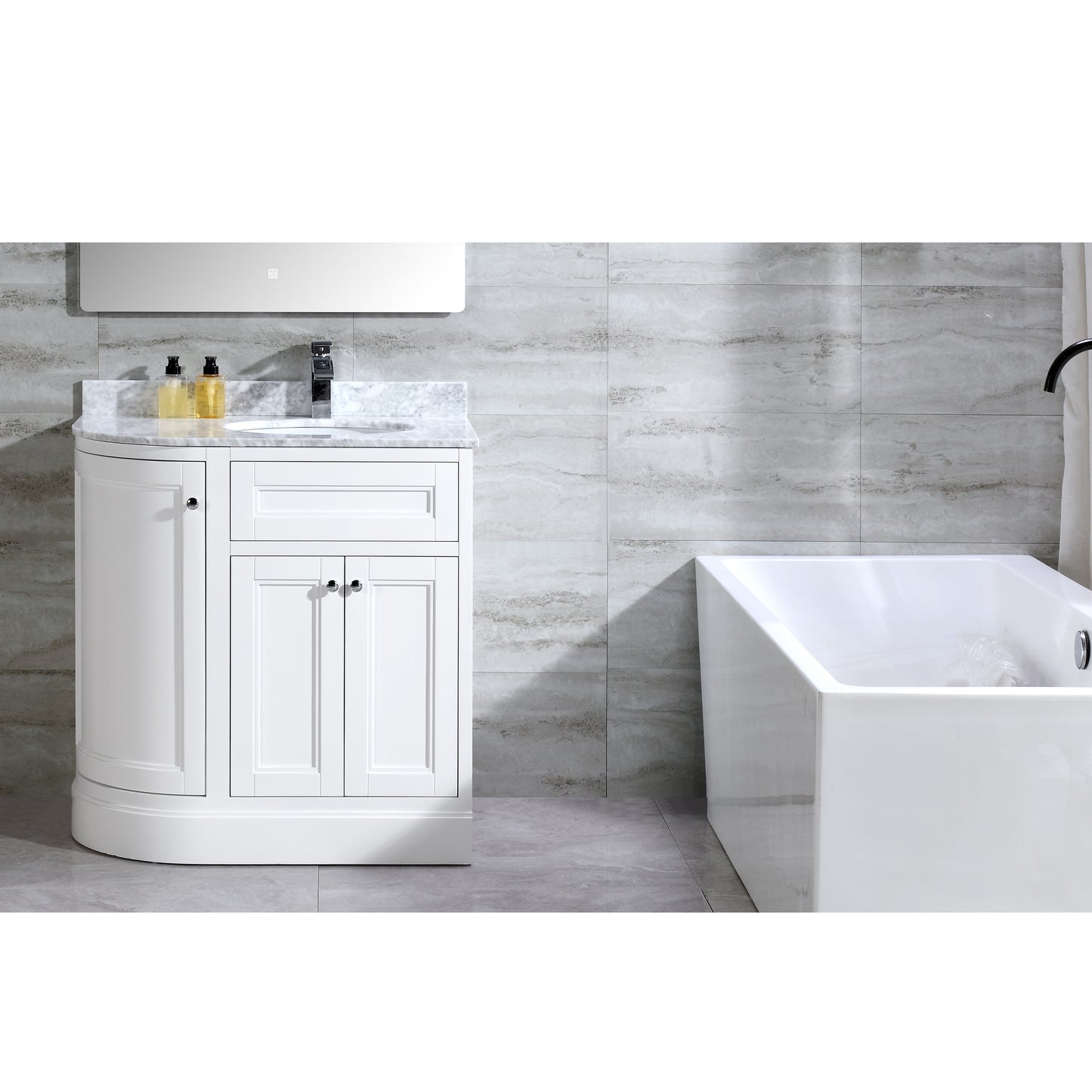 36" Freestanding Wooden Bathroom Vanity Modern Bathroom Cabinet with Marble Countertop (Right Basin, White)