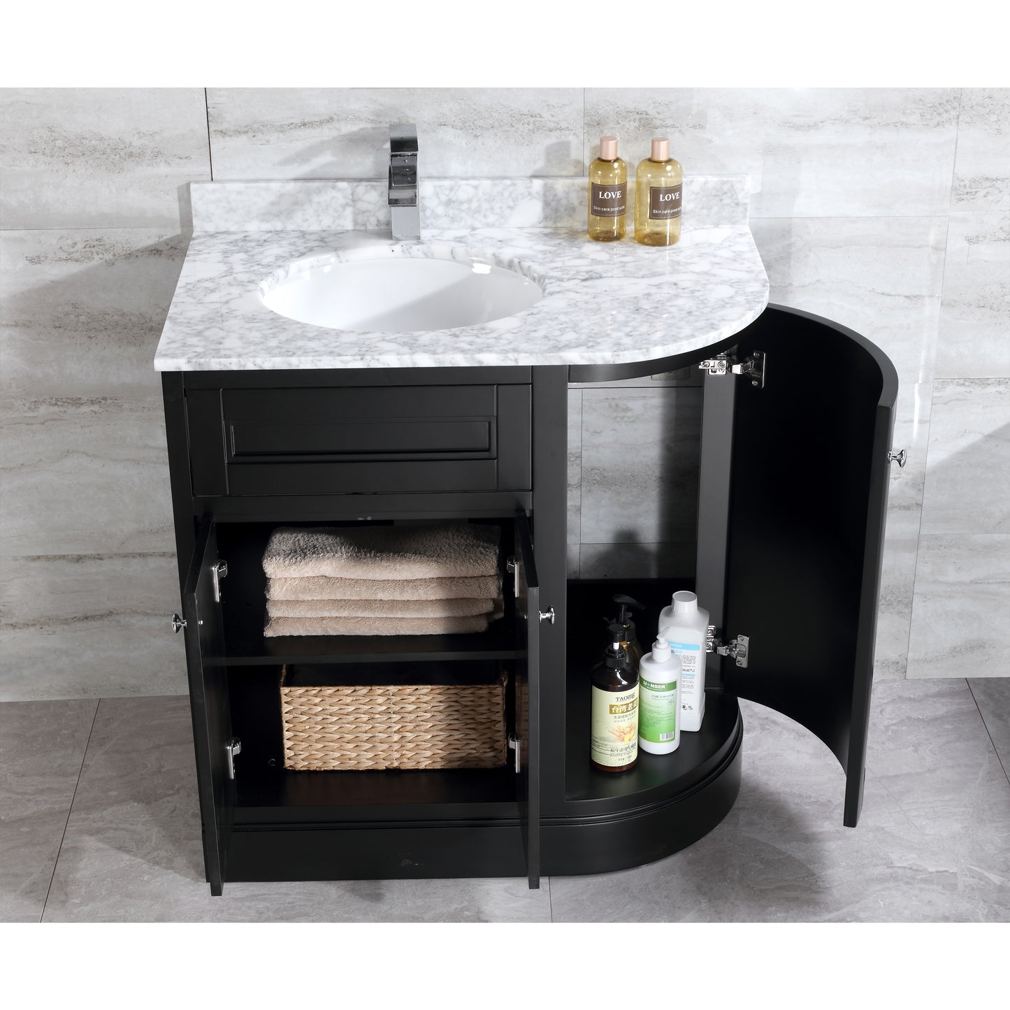 36" Freestanding Wooden Bathroom Vanity Modern Bathroom Cabinet with Marble Countertop (Left Basin, Black)