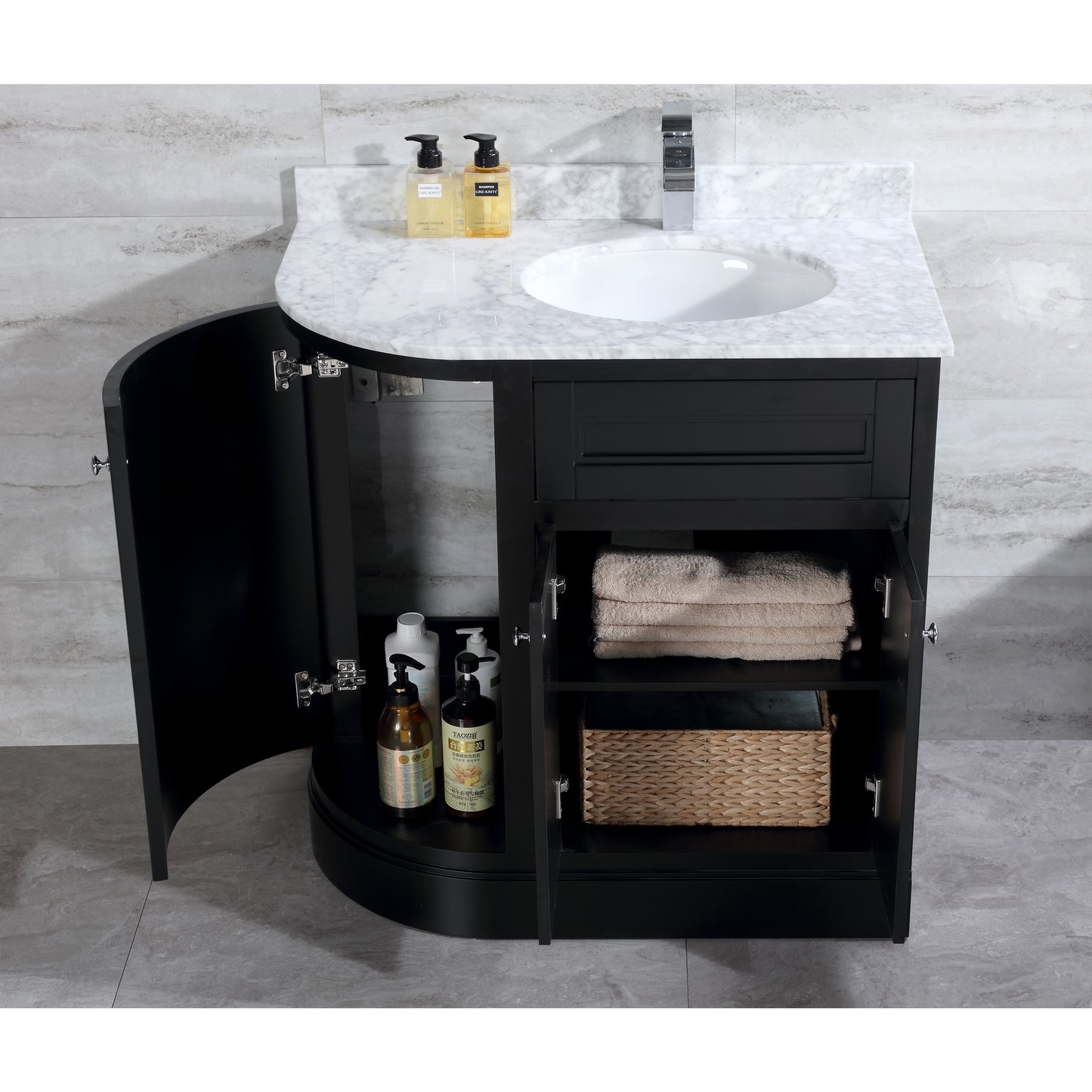 36" Freestanding Wooden Bathroom Vanity Modern Bathroom Cabinet with Marble Countertop (Right Basin, Black)