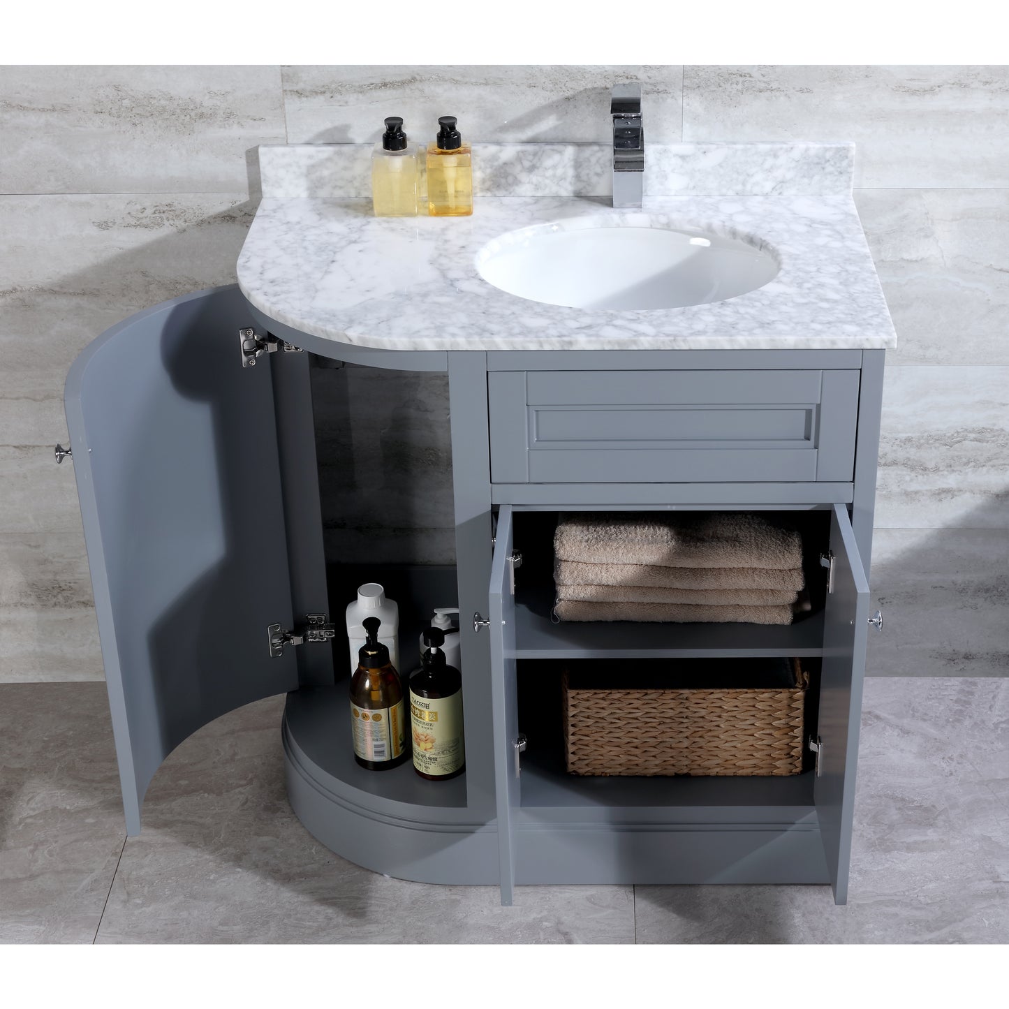 36" Freestanding Wooden Bathroom Vanity Modern Bathroom Cabinet with Marble Countertop (Right Basin, Grey)