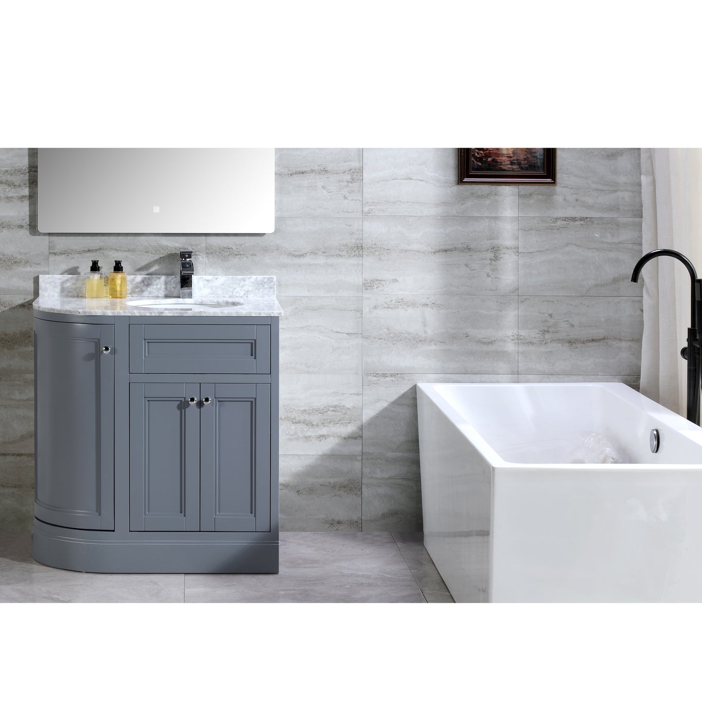 36" Freestanding Wooden Bathroom Vanity Modern Bathroom Cabinet with Marble Countertop (Right Basin, Grey)