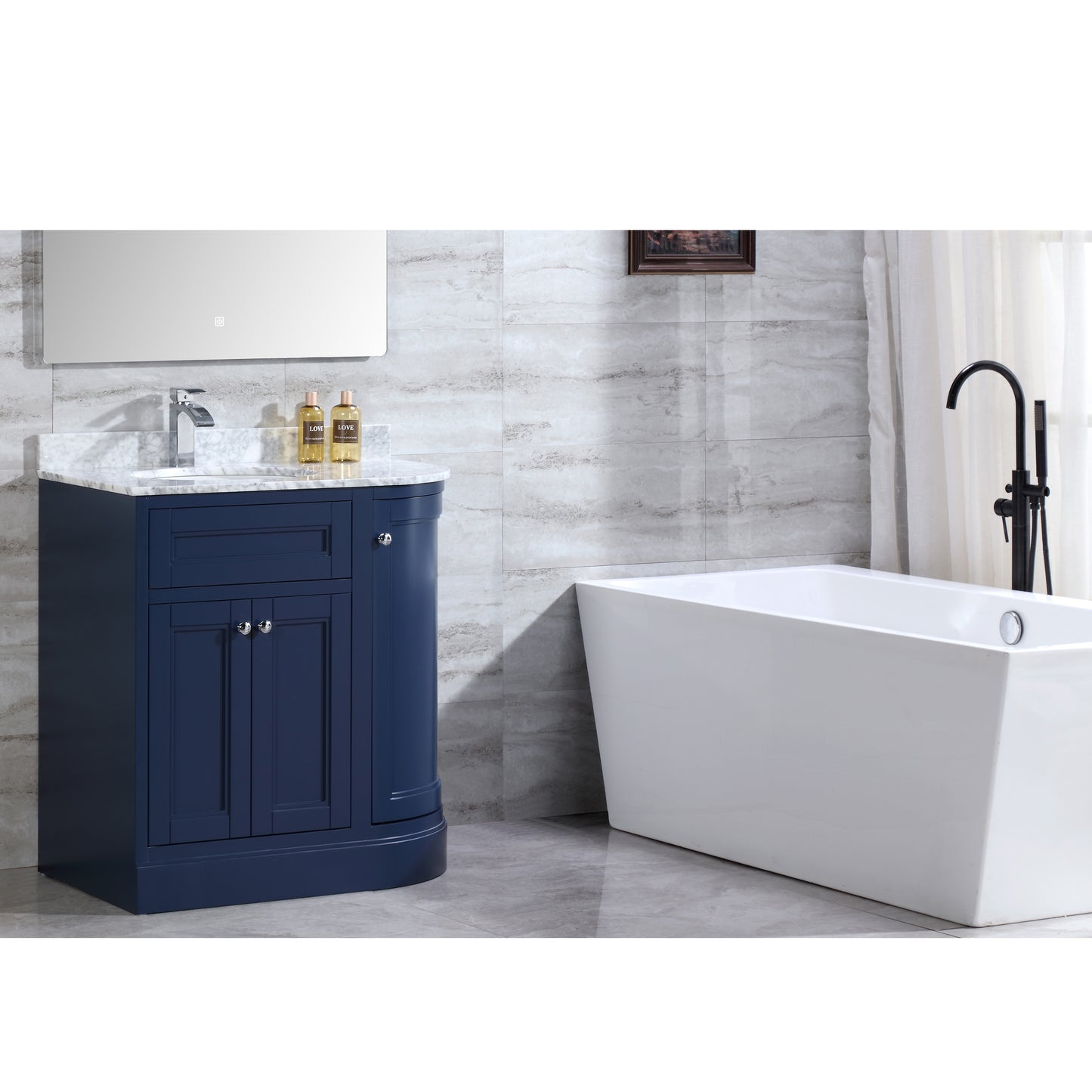 36" Freestanding Wooden Bathroom Vanity Modern Bathroom Cabinet with Marble Countertop (Left Basin, Blue)