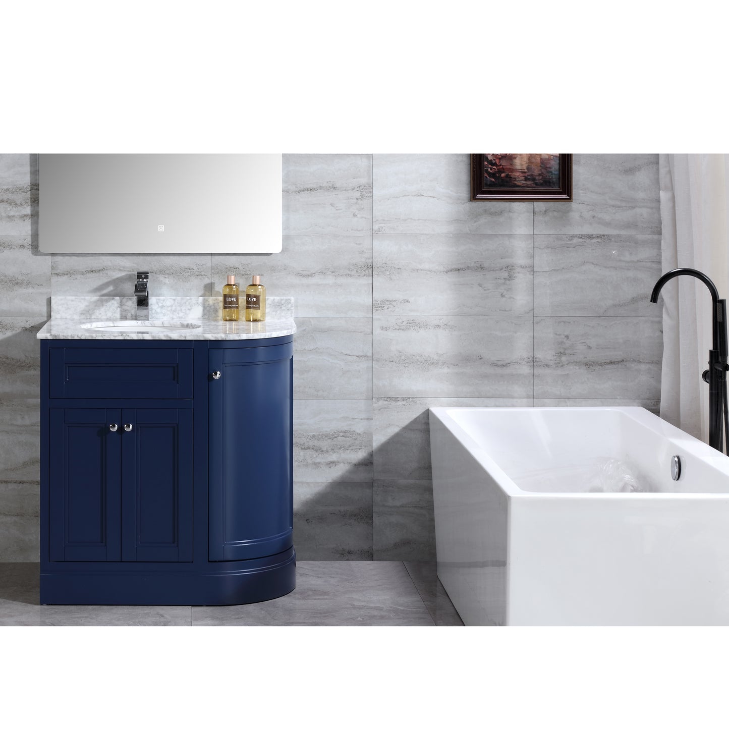 36" Freestanding Wooden Bathroom Vanity Modern Bathroom Cabinet with Marble Countertop (Left Basin, Blue)