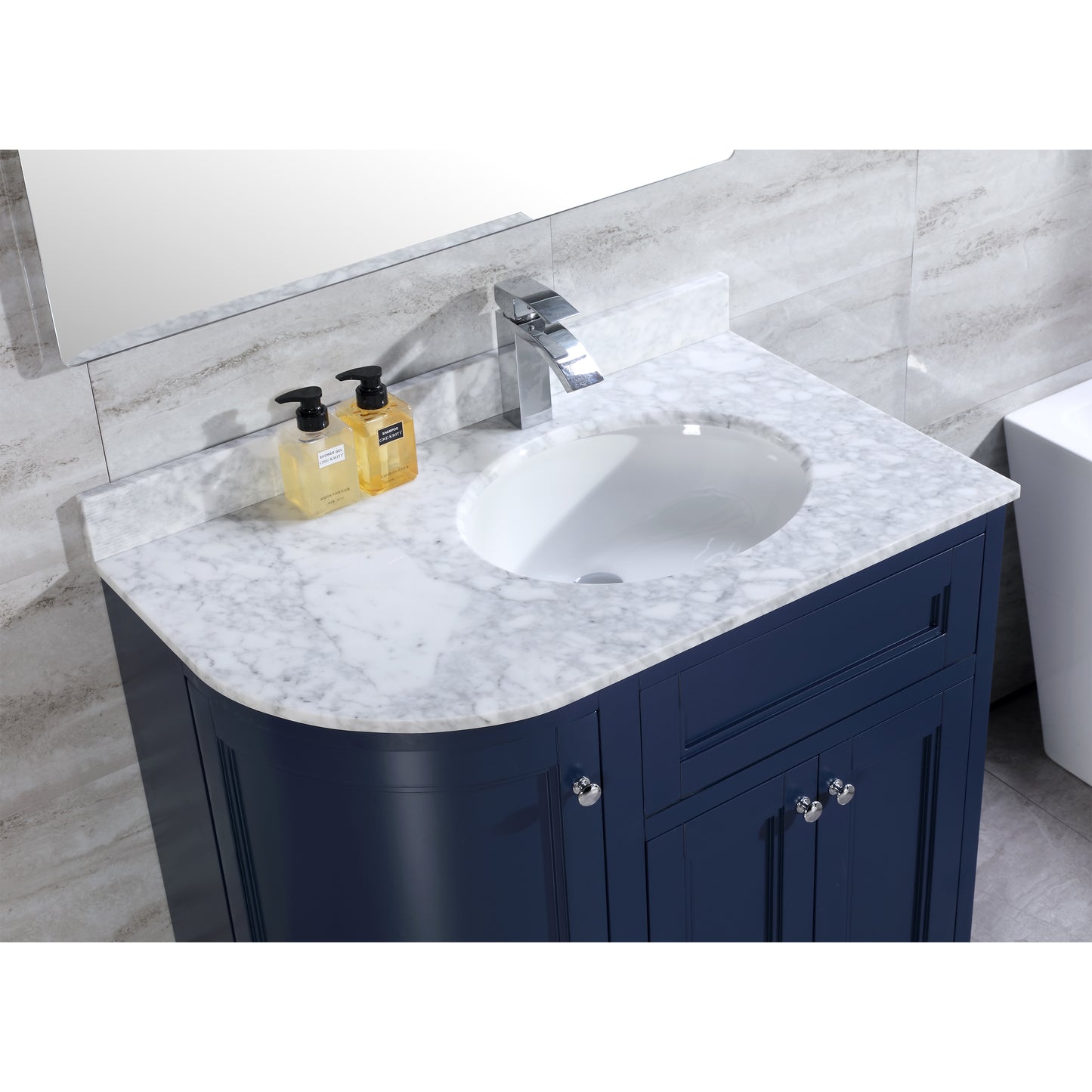 36" Freestanding Wooden Bathroom Vanity Modern Bathroom Cabinet with Marble Countertop (Right Basin, Blue)