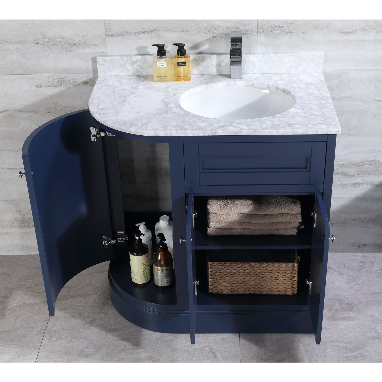 36" Freestanding Wooden Bathroom Vanity Modern Bathroom Cabinet with Marble Countertop (Right Basin, Blue)