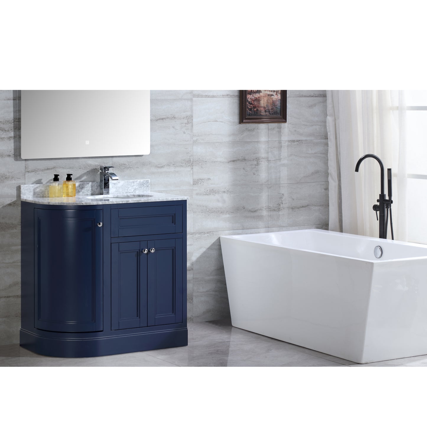 36" Freestanding Wooden Bathroom Vanity Modern Bathroom Cabinet with Marble Countertop (Right Basin, Blue)