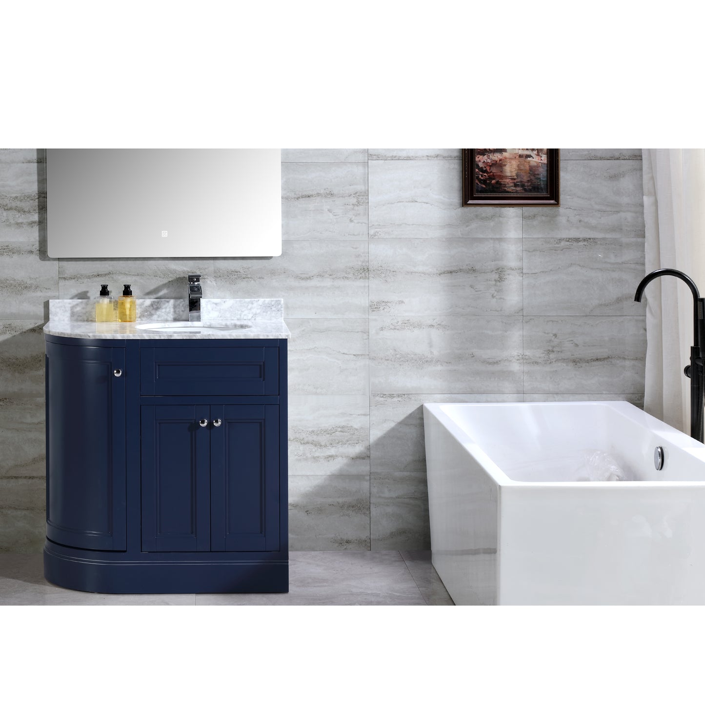 36" Freestanding Wooden Bathroom Vanity Modern Bathroom Cabinet with Marble Countertop (Right Basin, Blue)