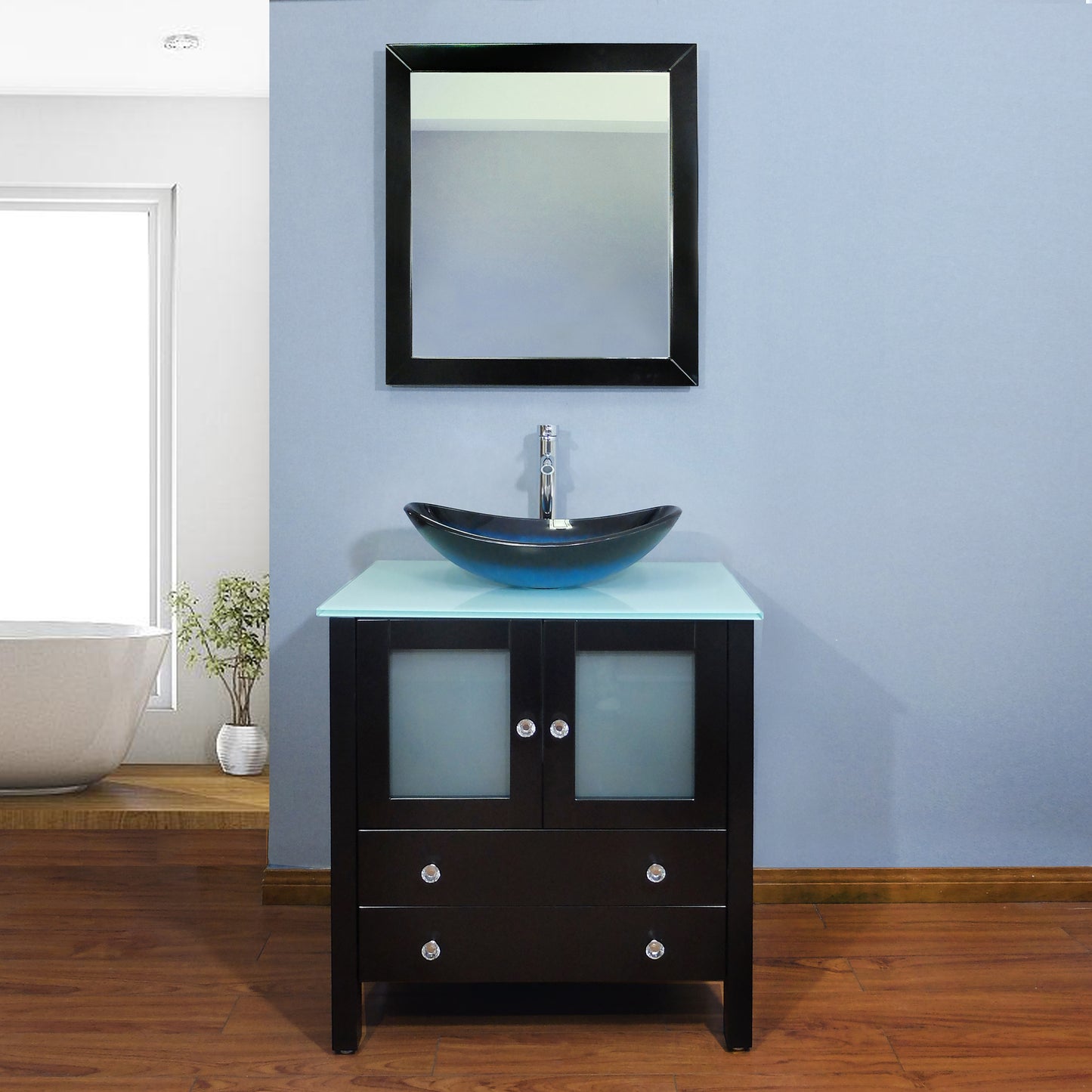 30" Freestanding Wooden Modern Bathroom Vanity Vessel Art Sink Set Bathroom Mirror Included (Black)