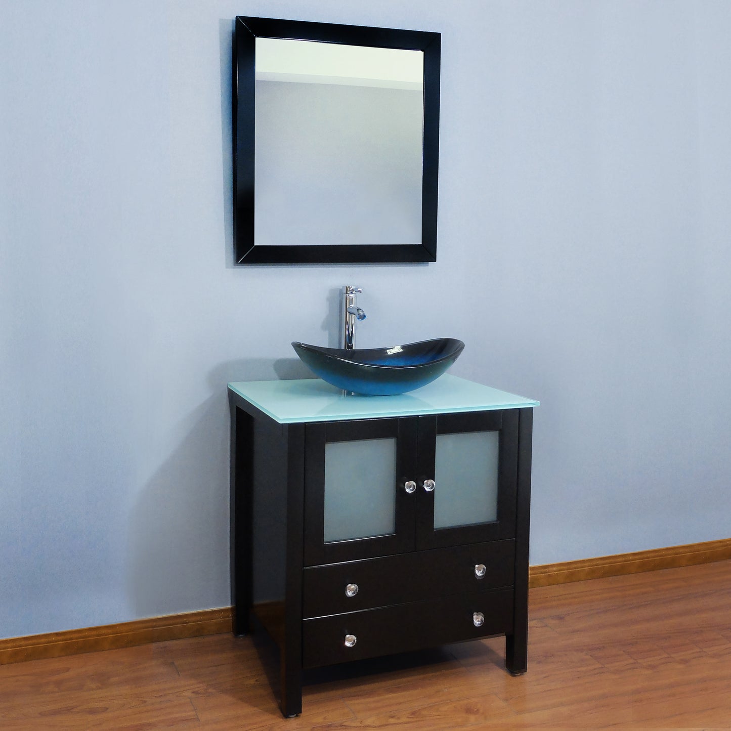 30" Freestanding Wooden Modern Bathroom Vanity Vessel Art Sink Set Bathroom Mirror Included (Black)