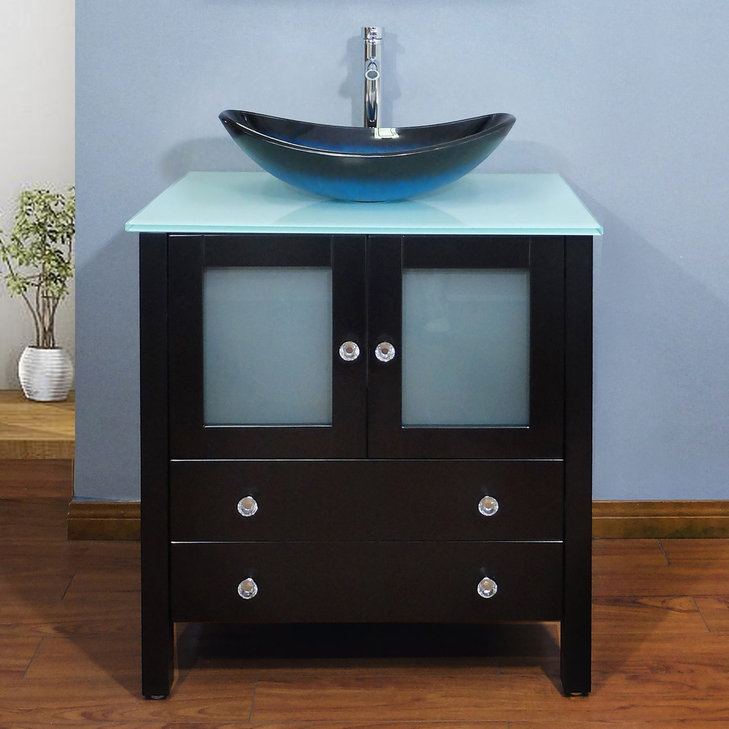 30" Freestanding Wooden Modern Bathroom Vanity Vessel Art Sink Set Bathroom Mirror Included (Black)