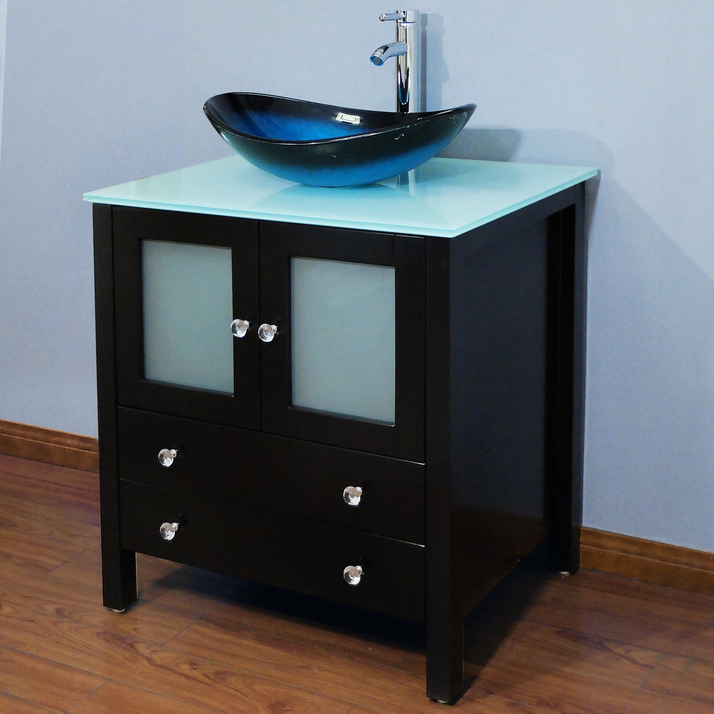 30" Freestanding Wooden Modern Bathroom Vanity Vessel Art Sink Set Bathroom Mirror Included (Black)