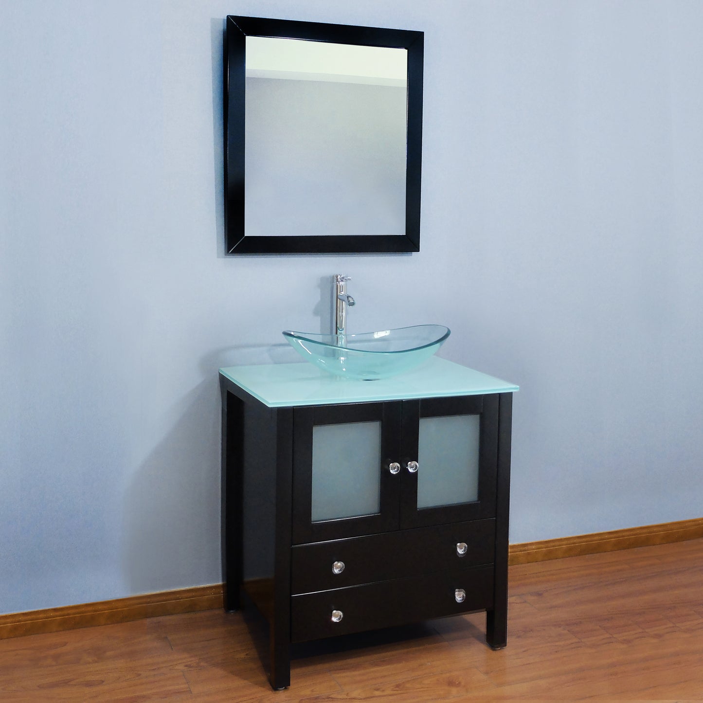 30" Freestanding Wooden Modern Bathroom Vanity Vessel Sink Set Bathroom Mirror Included (Clear Glass Sink)