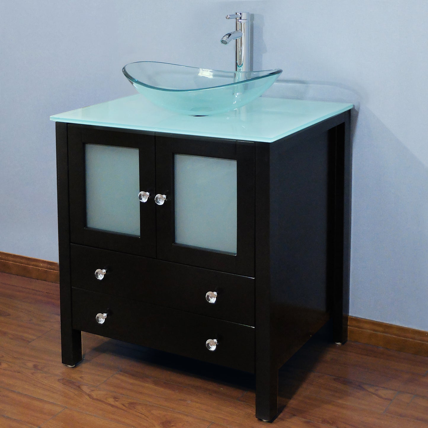 30" Freestanding Wooden Modern Bathroom Vanity Vessel Sink Set Bathroom Mirror Included (Clear Glass Sink)