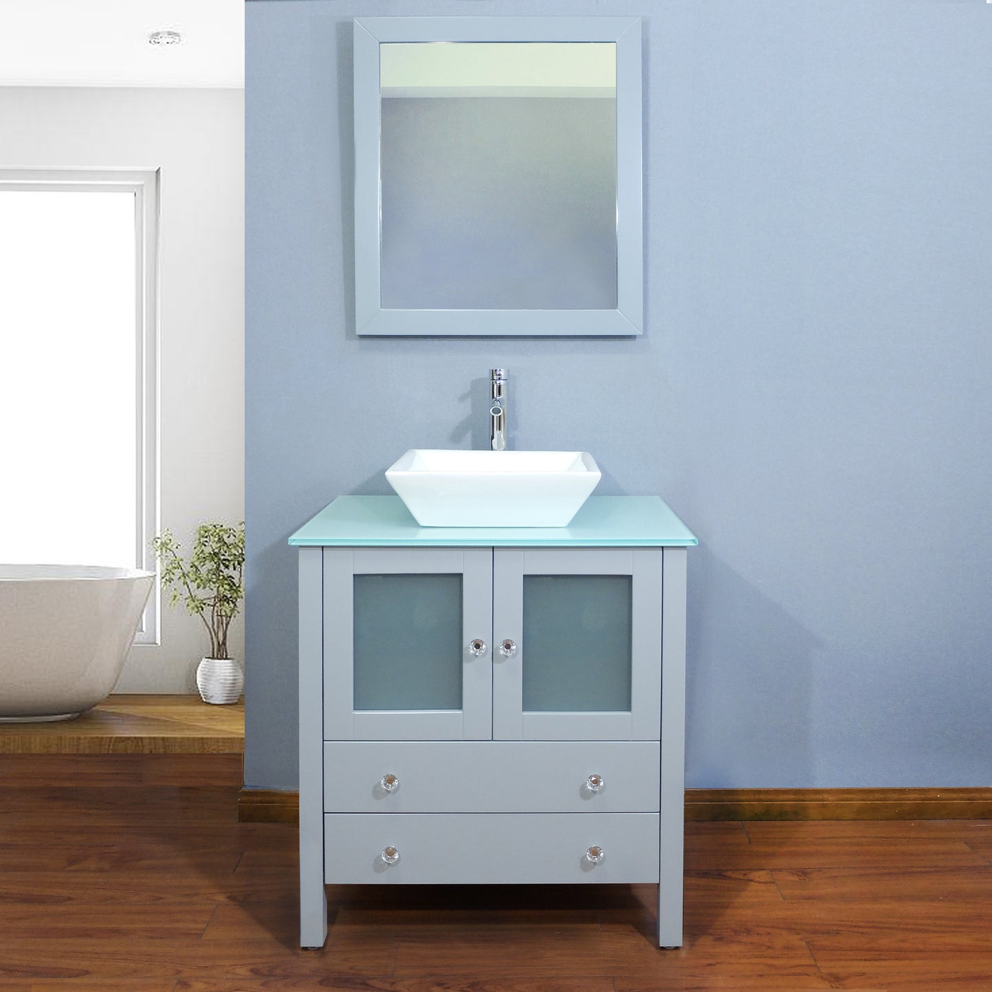 30" Freestanding Wooden Modern Bathroom Vanity Vessel Sink Set Bathroom Mirror Included (Grey)