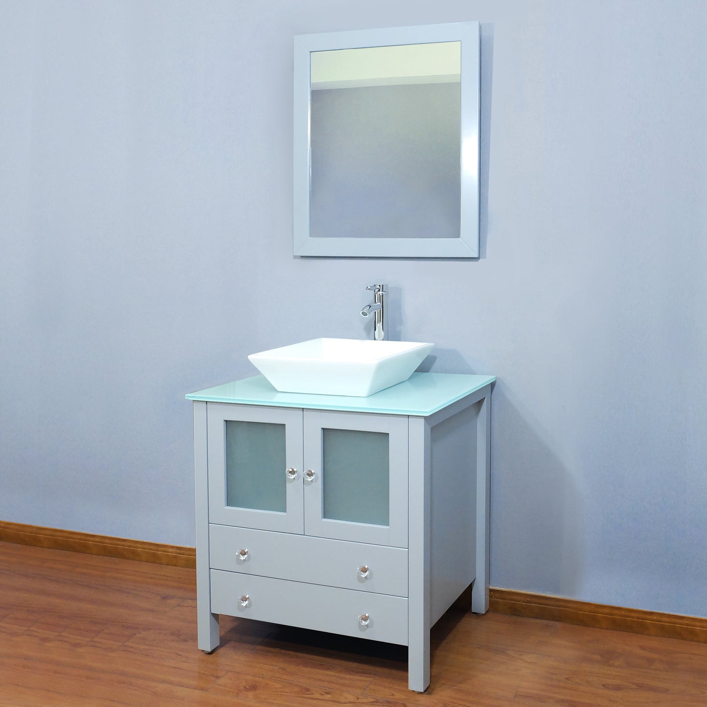 30" Freestanding Wooden Modern Bathroom Vanity Vessel Sink Set Bathroom Mirror Included (Grey)