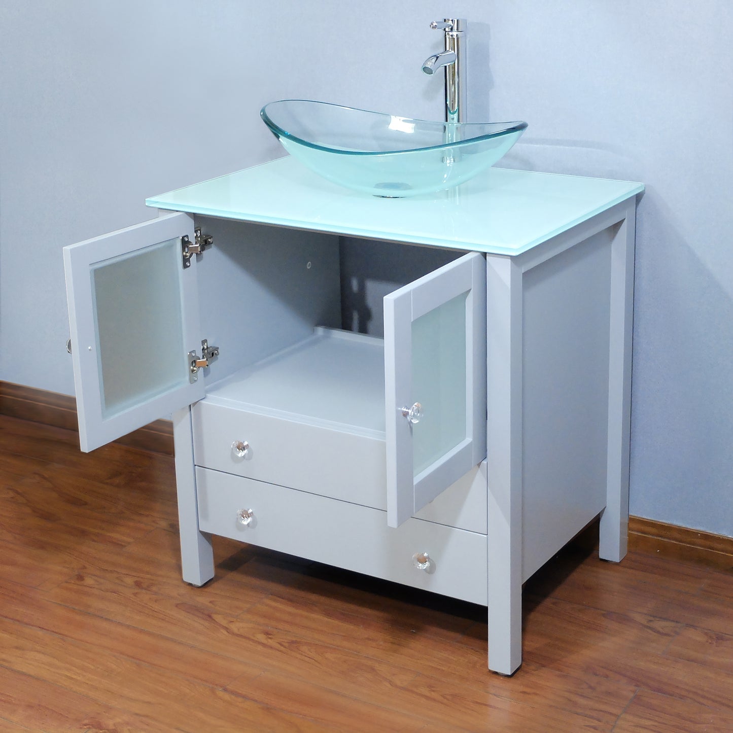 30" Freestanding Wooden Modern Bathroom Vanity Vessel Sink Set Bathroom Mirror Included (Clear Glass Sink)