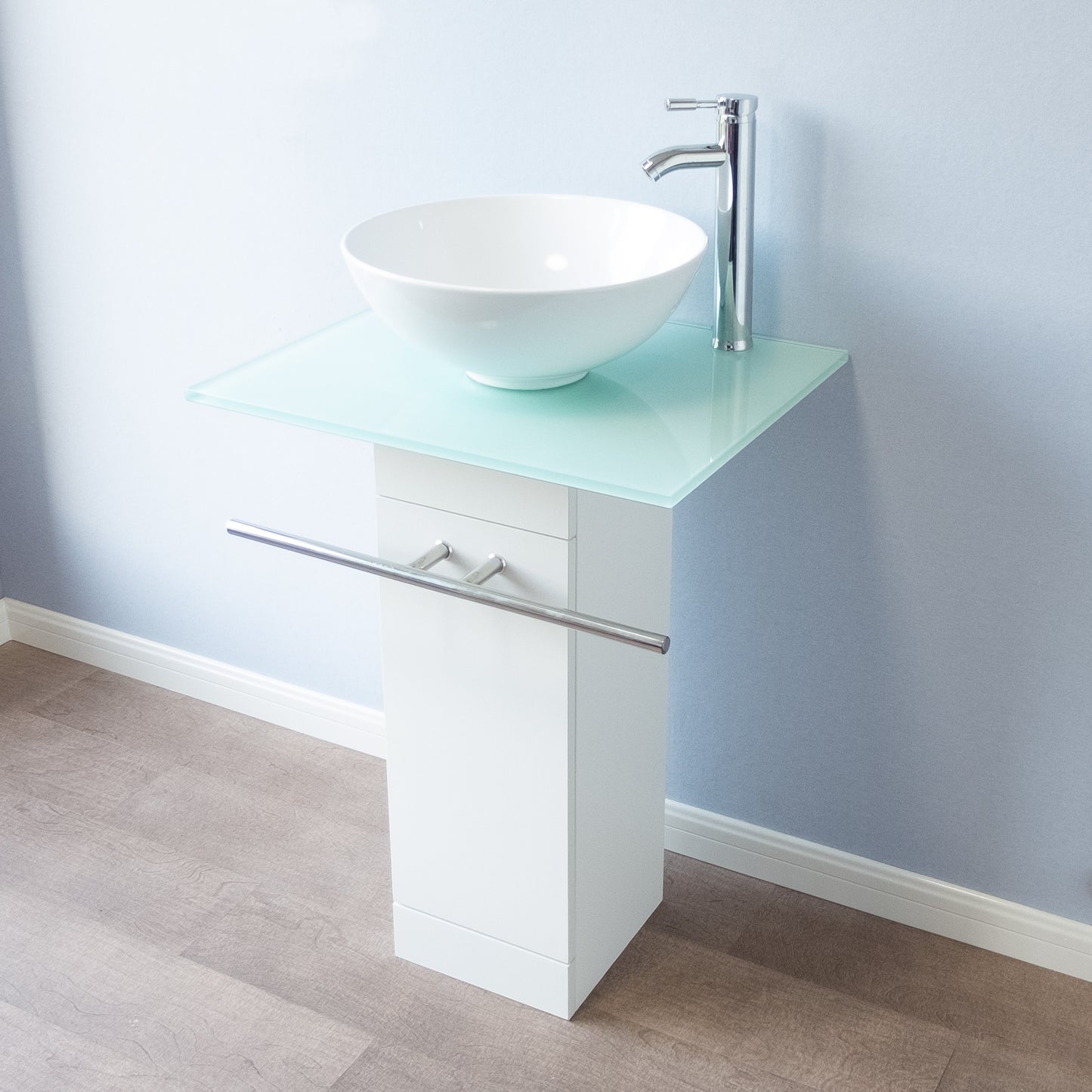 23" Modern Glass Pedestal Sink Stylish Glass Countertop Bathroom Vanity Combo with Ceramic Vessel Sink, Wood Pedestal, Faucet and Drain Include