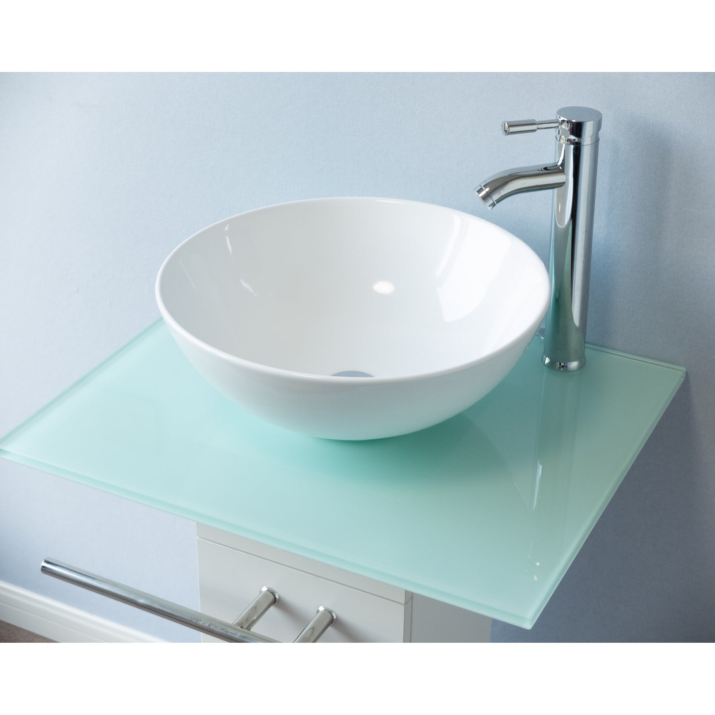 23" Modern Glass Pedestal Sink Stylish Glass Countertop Bathroom Vanity Combo with Ceramic Vessel Sink, Wood Pedestal, Faucet and Drain Include (Ceramic Sink)