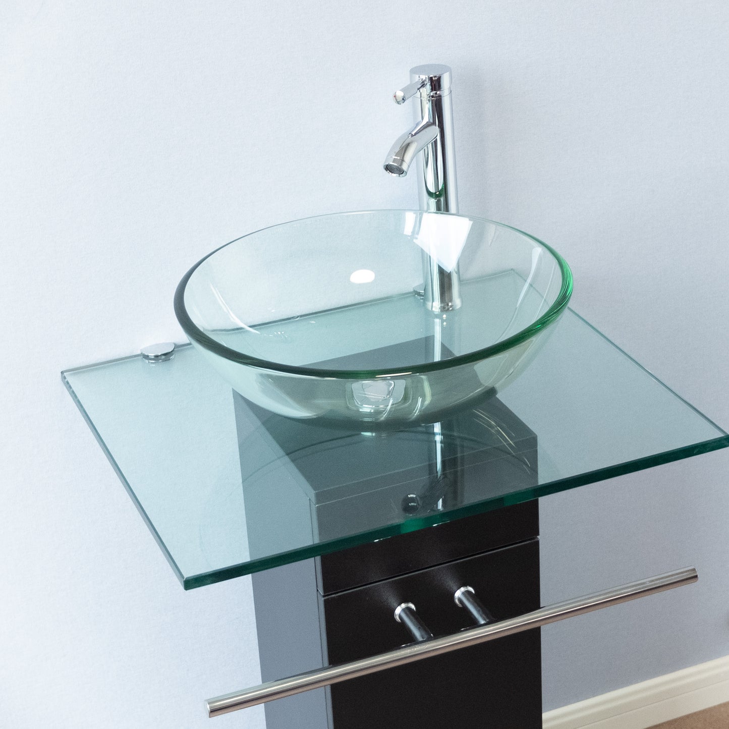 23" Modern Glass Pedestal Sink Stylish Glass Countertop Bathroom Vanity Combo with Ceramic Vessel Sink, Wood Pedestal, Faucet and Drain Include (Black)