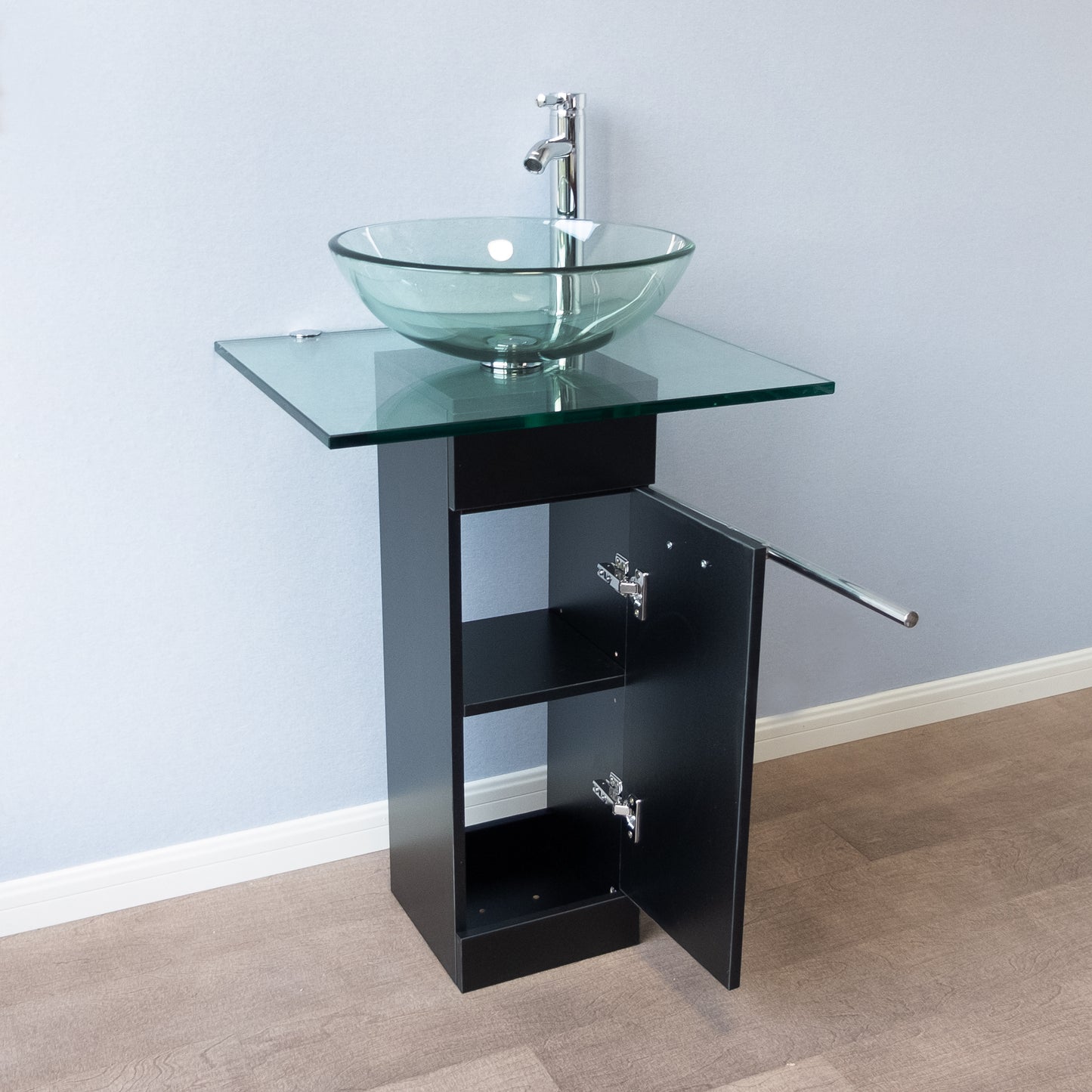 23" Modern Glass Pedestal Sink Stylish Glass Countertop Bathroom Vanity Combo with Ceramic Vessel Sink, Wood Pedestal, Faucet and Drain Include (Black)