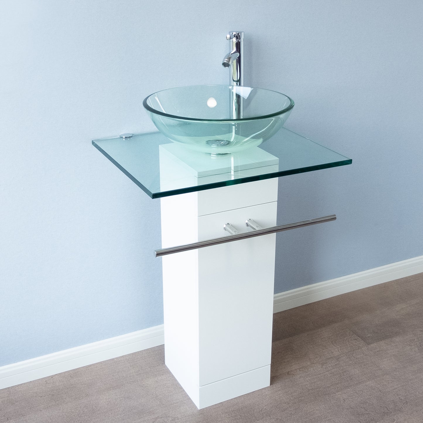 23" Modern Glass Pedestal Sink Stylish Glass Countertop Bathroom Vanity Combo with Ceramic Vessel Sink, Wood Pedestal, Faucet and Drain Include