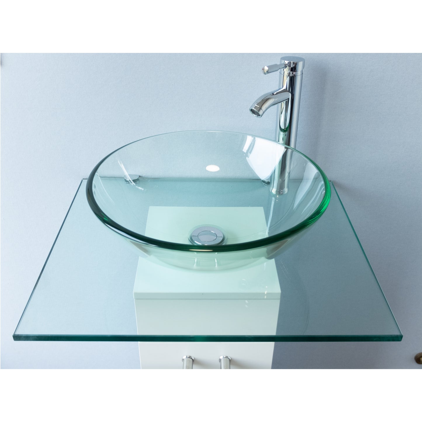 23" Modern Glass Pedestal Sink Stylish Glass Countertop Bathroom Vanity Combo with Ceramic Vessel Sink, Wood Pedestal, Faucet and Drain Include