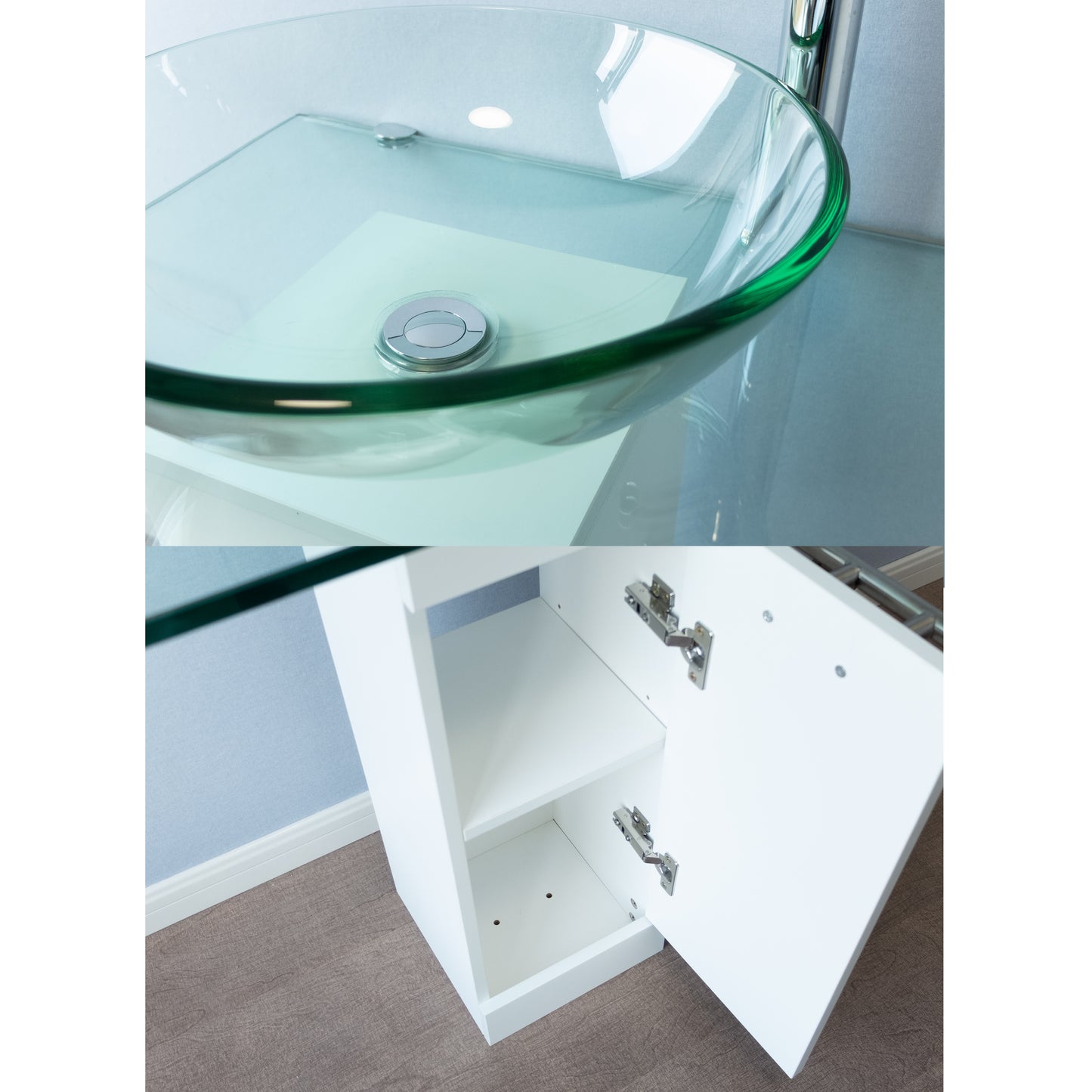 23" Modern Glass Pedestal Sink Stylish Glass Countertop Bathroom Vanity Combo with Ceramic Vessel Sink, Wood Pedestal, Faucet and Drain Include