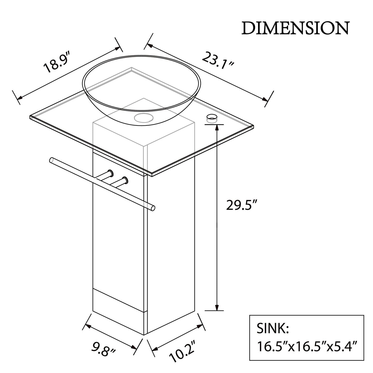 23" Modern Glass Pedestal Sink Stylish Glass Countertop Bathroom Vanity Combo with Ceramic Vessel Sink, Wood Pedestal, Faucet and Drain Include (Black)