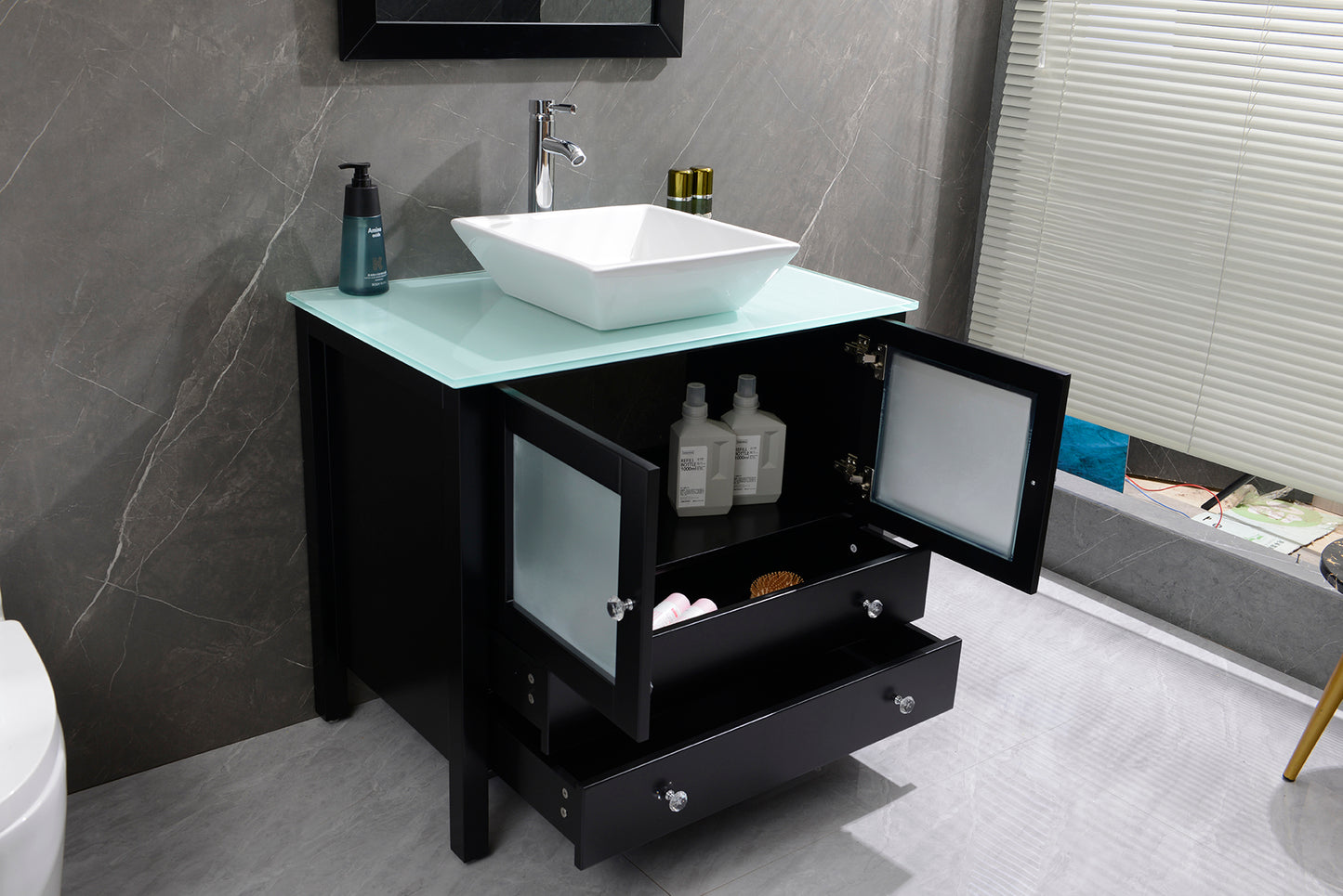 36" Freestanding Wooden Modern Bathroom Vanity Ceramic Vessel Sink Set Bathroom Mirror Included (Black)