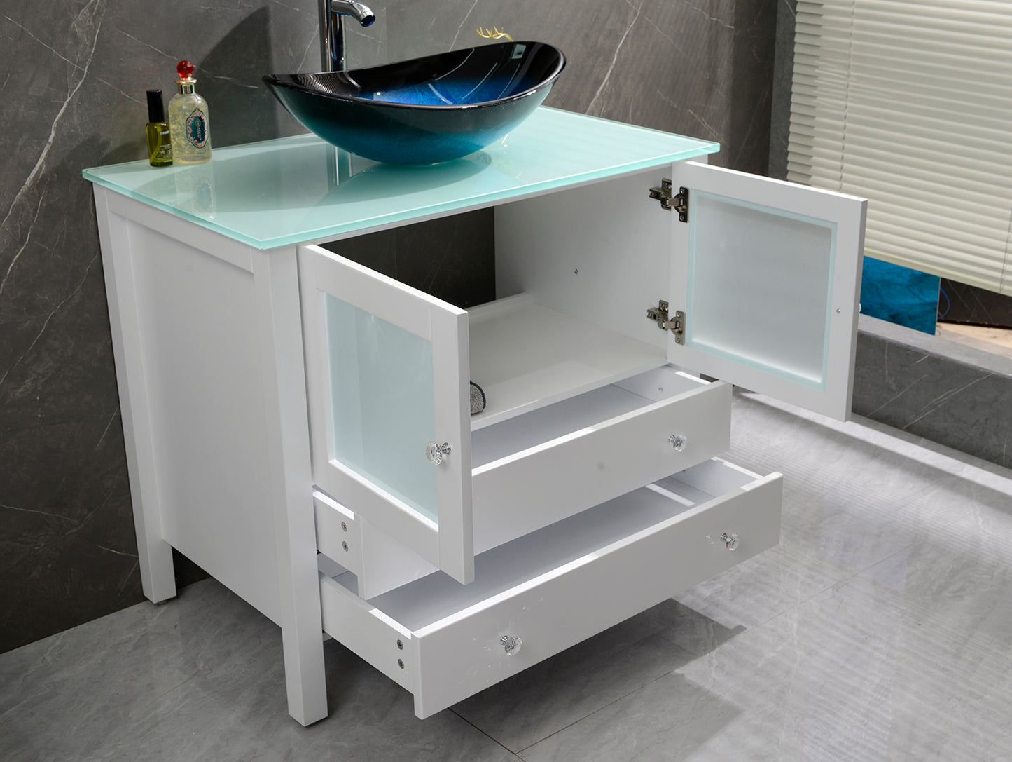 36" Freestanding Wooden Modern Bathroom Vanity Vessel Art Sink Set Bathroom Mirror Included (White)