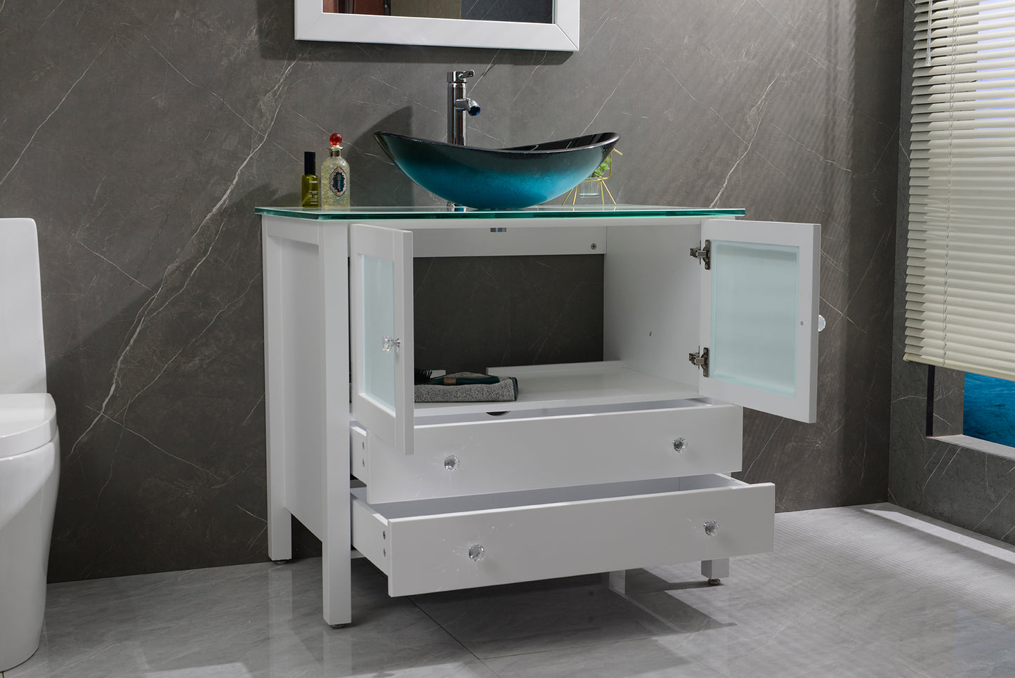 36" Freestanding Wooden Modern Bathroom Vanity Vessel Art Sink Set Bathroom Mirror Included (White)