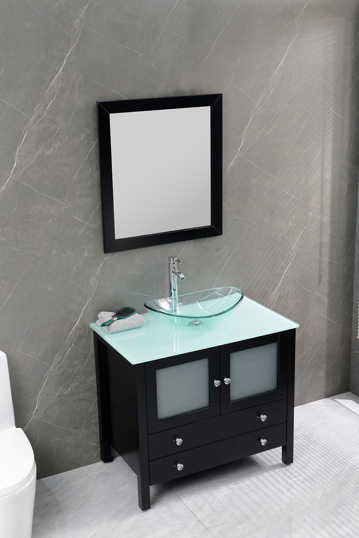 36" Freestanding Wooden Modern Bathroom Vanity Vessel Sink Set Bathroom Mirror Included (Clear Glass Sink)(Black)