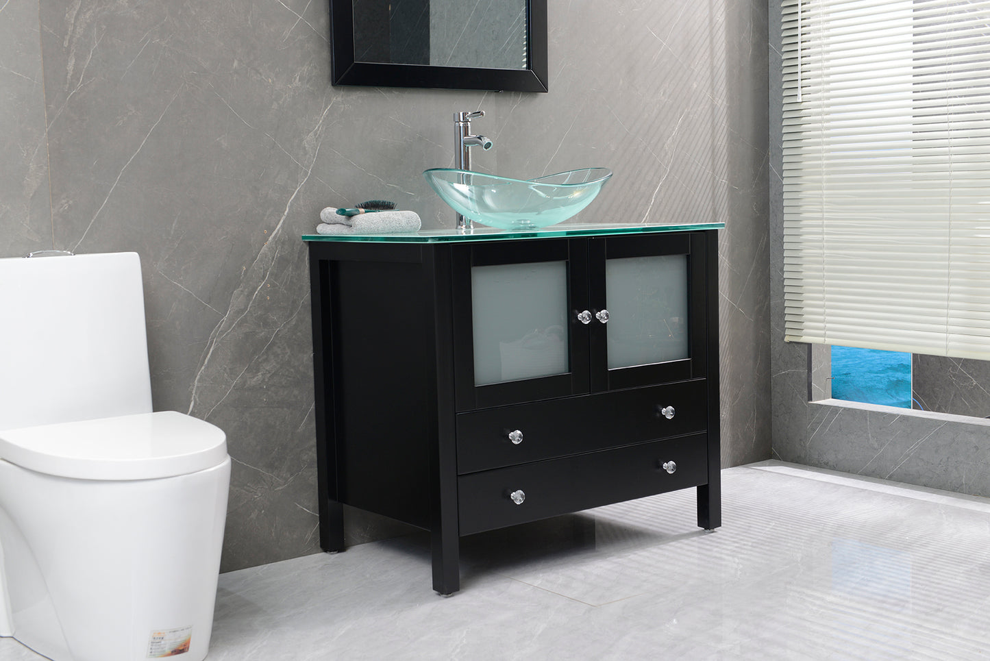 36" Freestanding Wooden Modern Bathroom Vanity Vessel Sink Set Bathroom Mirror Included (Clear Glass Sink)(Black)