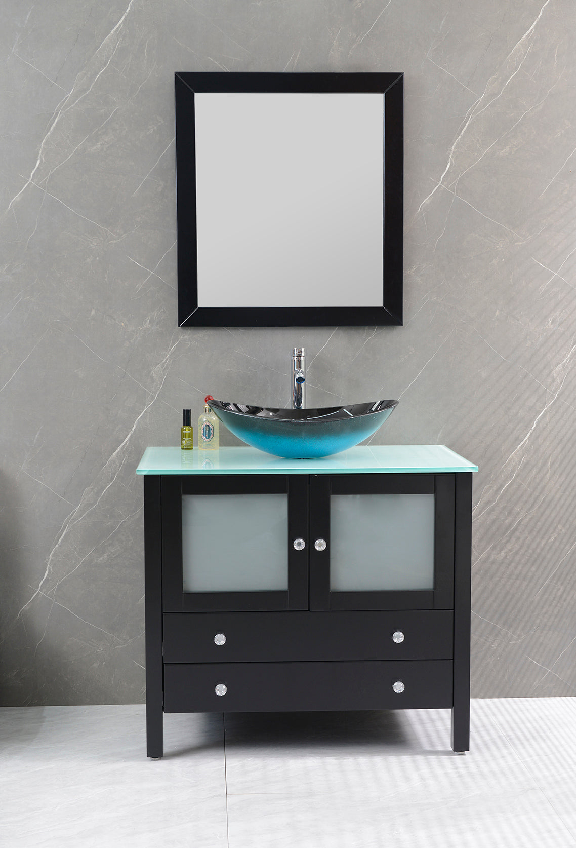 36" Freestanding Wooden Modern Bathroom Vanity Vessel Art Sink Set Bathroom Mirror Included (Black)