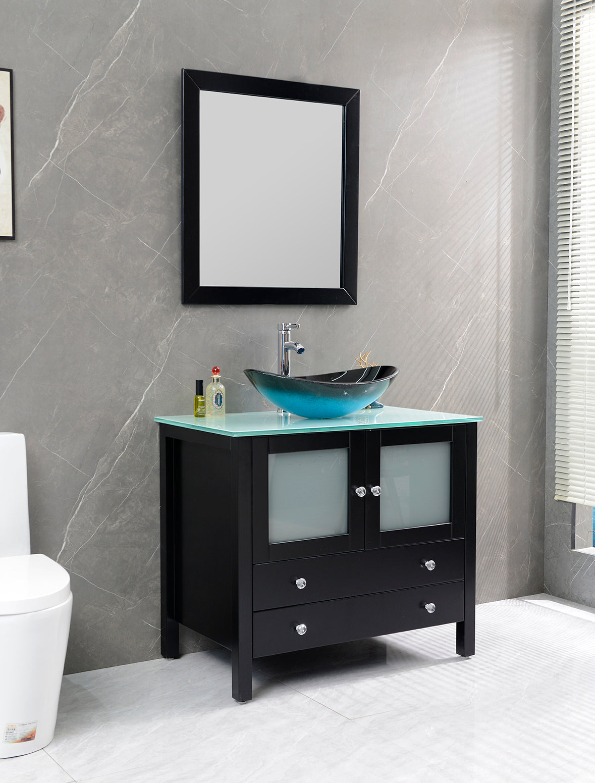 36" Freestanding Wooden Modern Bathroom Vanity Vessel Art Sink Set Bathroom Mirror Included (Black)