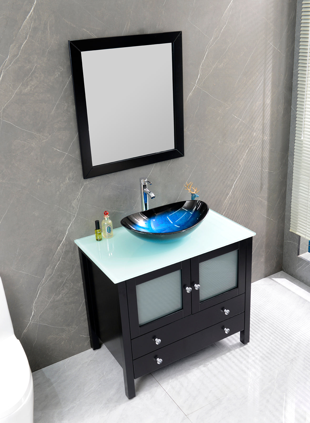 36" Freestanding Wooden Modern Bathroom Vanity Vessel Art Sink Set Bathroom Mirror Included (Black)