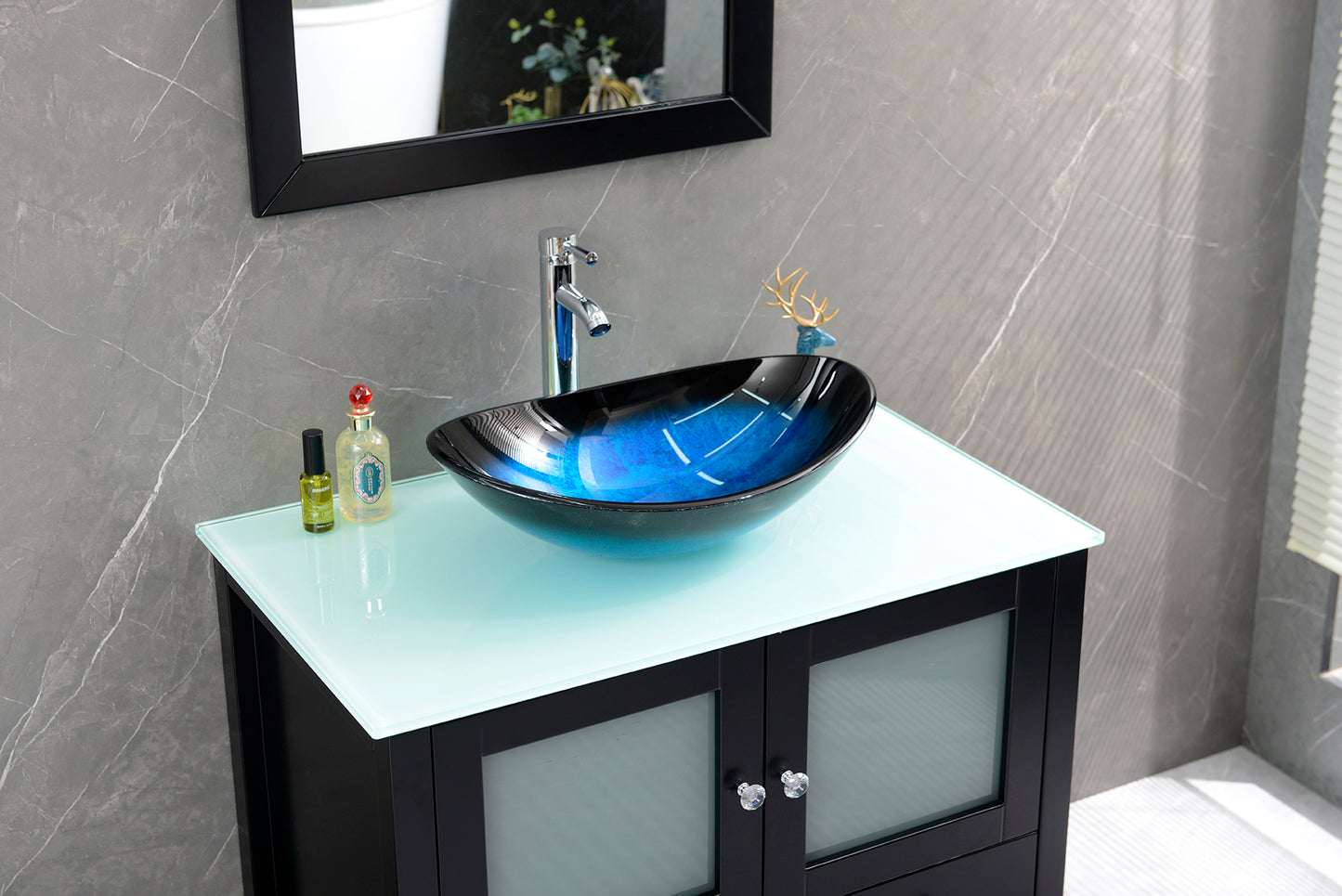 36" Freestanding Wooden Modern Bathroom Vanity Vessel Art Sink Set Bathroom Mirror Included (Black)